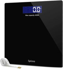Load image into Gallery viewer, Spisno Weight Scale, Precision Digital Body Bathroom Scale with Step-On Technology, 6mm Tempered Glass Easy Read Backlit LCD Display, Body Tape Measure Included, 400 Pounds, Black
