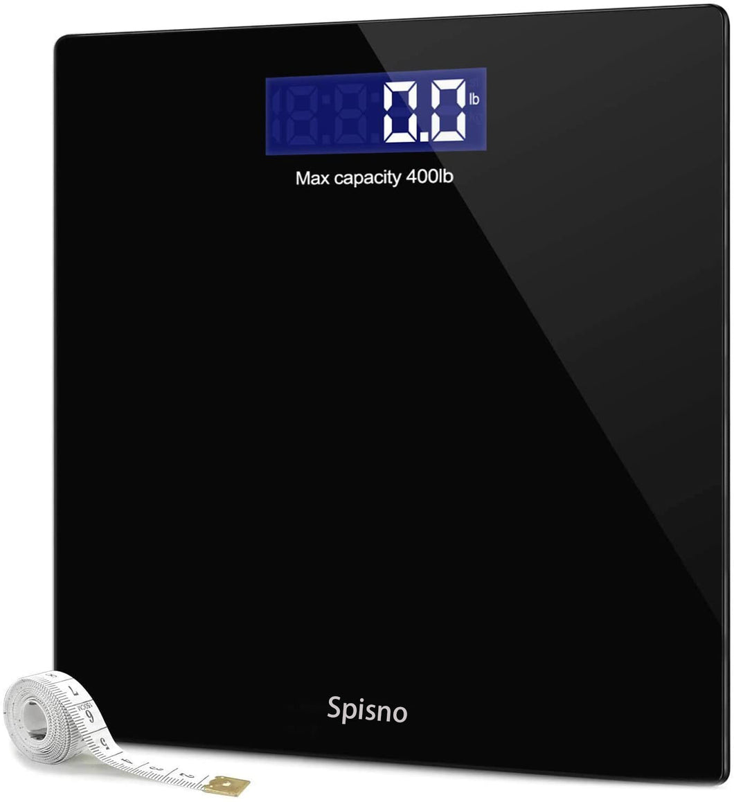 Spisno Weight Scale, Precision Digital Body Bathroom Scale with Step-On Technology, 6mm Tempered Glass Easy Read Backlit LCD Display, Body Tape Measure Included, 400 Pounds, Black