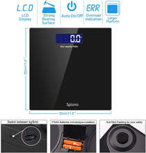 Load image into Gallery viewer, Spisno Weight Scale, Precision Digital Body Bathroom Scale with Step-On Technology, 6mm Tempered Glass Easy Read Backlit LCD Display, Body Tape Measure Included, 400 Pounds, Black
