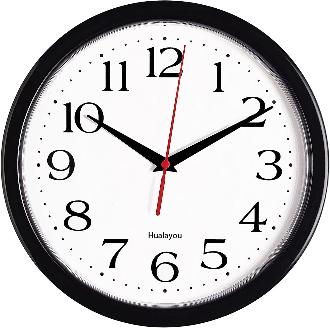 Hualayou Black Wall Clock Silent Non Ticking - 10 Inch Quality Quartz Battery Operated Round Easy to Read Home/Office/Classroom/School Clock